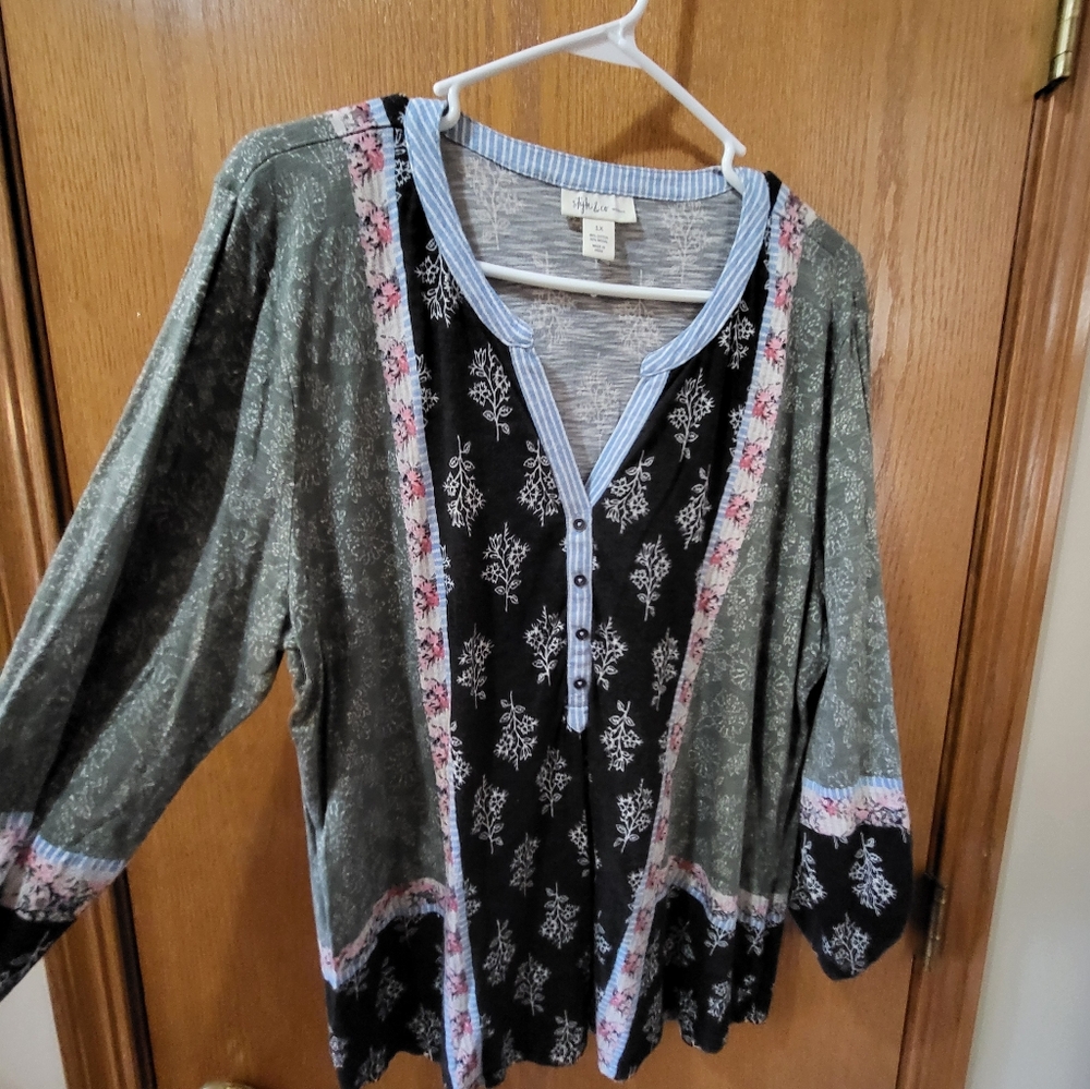 Style & Co. Black and Green Floral Top